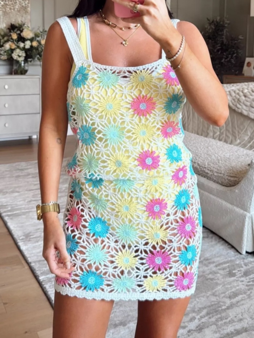 🔴 Crochet Daisy Mini Dress in Yellow with Pink & Blue Accents